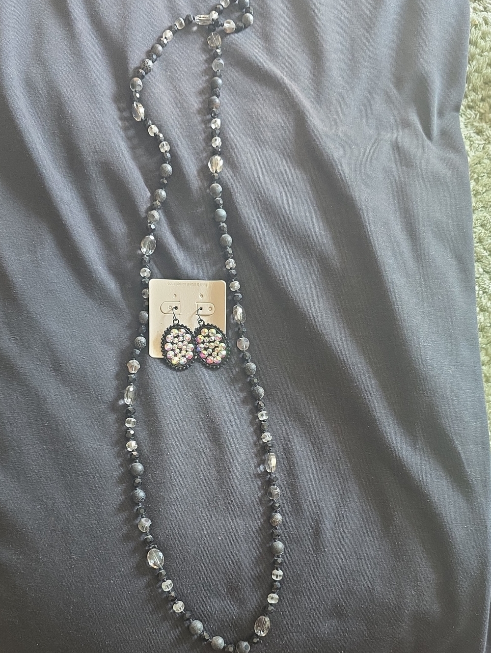 Multicolor Crystal Disk Earrings with Black Beaded Necklace Set